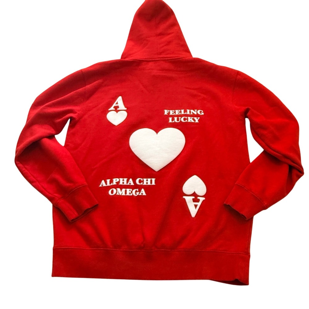 Alpha Chi Omega Hoodie Womens Large Red Feeling Lucky Ace of Hearts Heavyweight